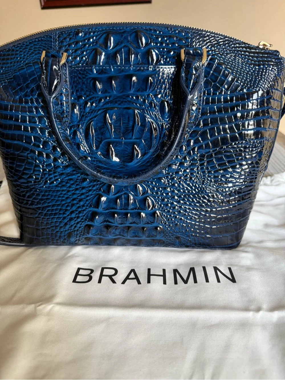 Brahmin Shiny Blue Croc-Embossed Tote with Gold Accents